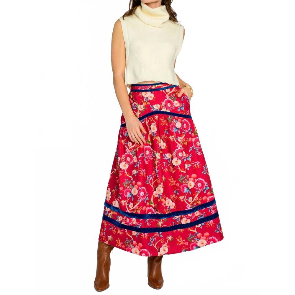 NEW ELIZABETH JAMES THE LABEL phoebe floral skirt in chinoiserie scarlett